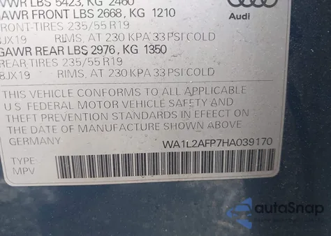 2017 Audi Q5 2.0T Premium from USA, damaged, VIN WA1L2AFP7HA039170